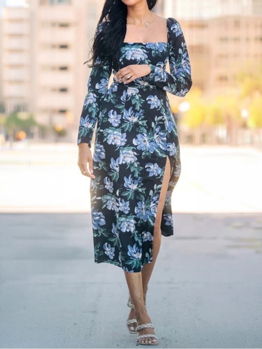 NWT - Abercrombie - Long Sleeve Squareneck Midi Dress - Black Floral